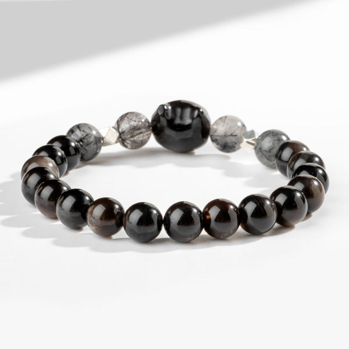 Buddha Stones Natural Silver Sheen Obsidian Cute Cat Head Protection Bracelet - image 3
