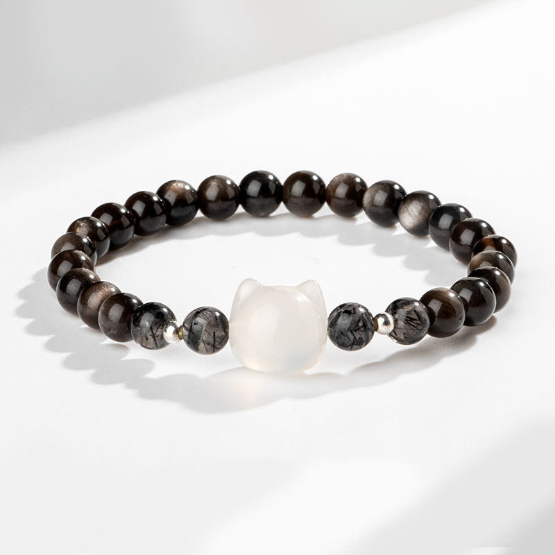 Buddha Stones Natural Silver Sheen Obsidian Cute Cat Head Protection Bracelet - Silver Sheen Obsidian&White Agate(Wrist Circumference 14-15cm) - image 6