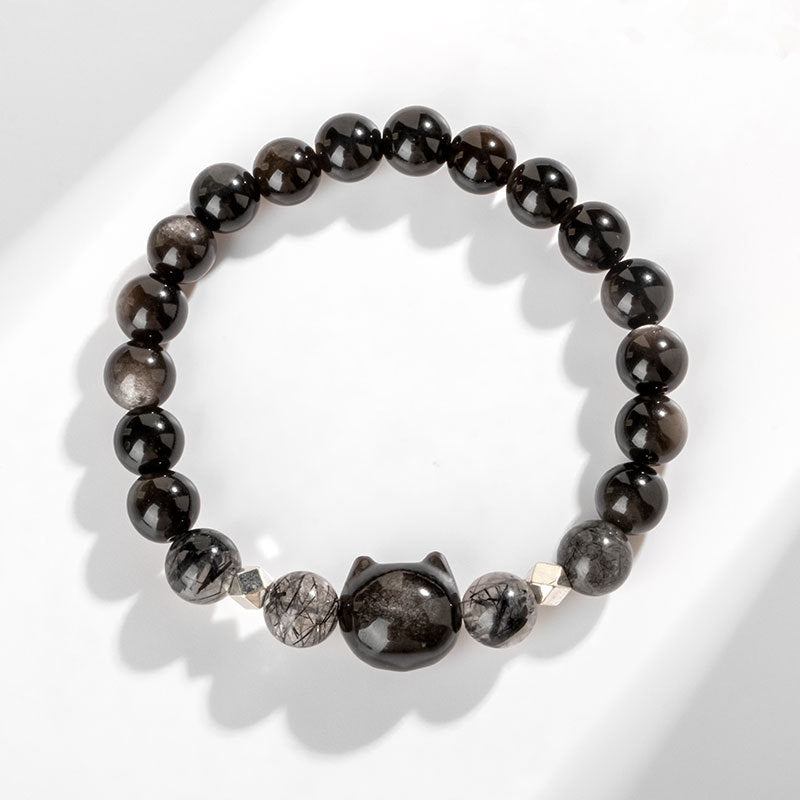 Buddha Stones Natural Silver Sheen Obsidian Cute Cat Head Protection Bracelet - image 2