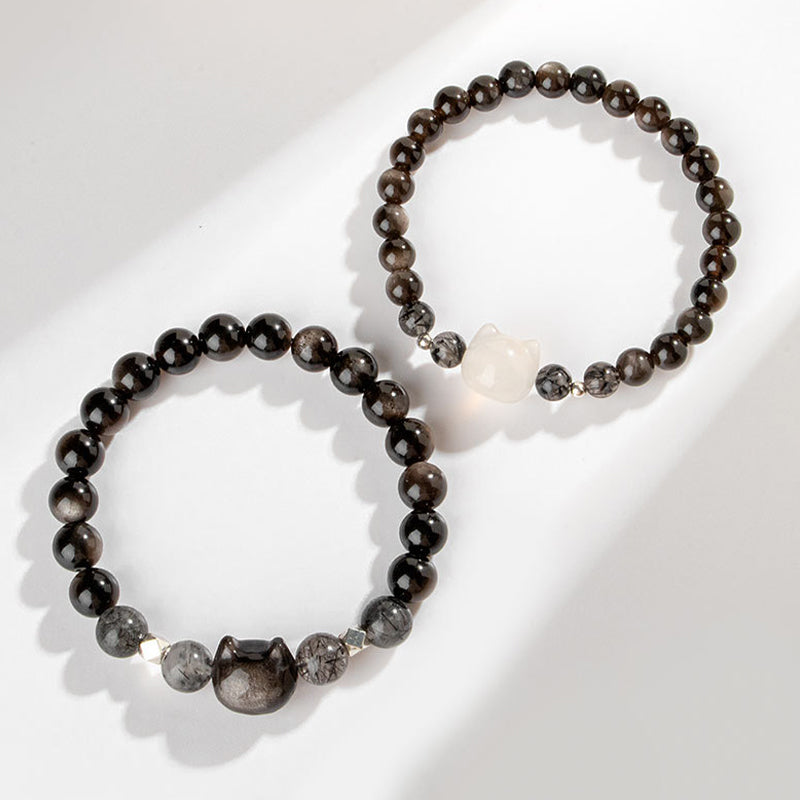 Buddha Stones Natural Silver Sheen Obsidian Cute Cat Head Protection Bracelet - image 1