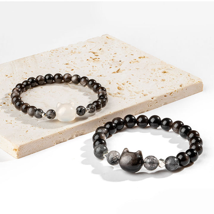 Buddha Stones Natural Silver Sheen Obsidian Cute Cat Head Protection Bracelet - image 9