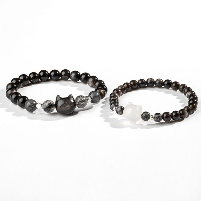 Buddha Stones Natural Silver Sheen Obsidian Cute Cat Head Protection Bracelet - image 8