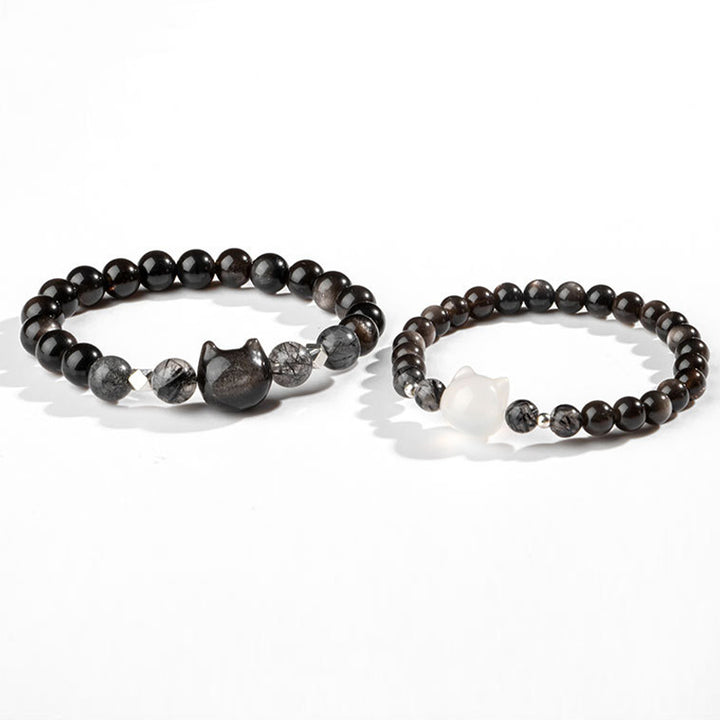 Buddha Stones Natural Silver Sheen Obsidian Cute Cat Head Protection Bracelet - image 8