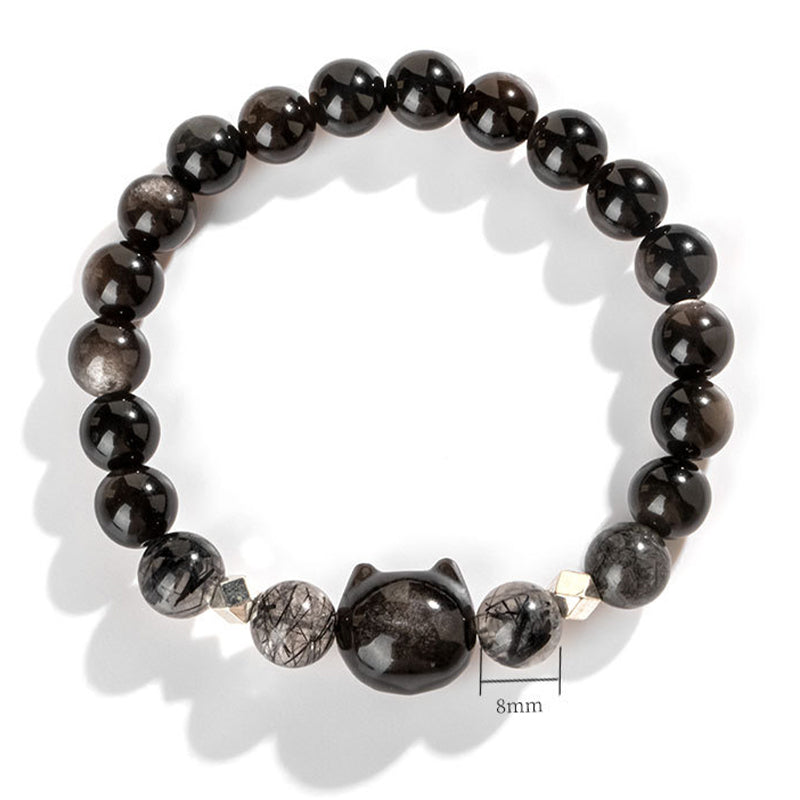 Buddha Stones Natural Silver Sheen Obsidian Cute Cat Head Protection Bracelet - image 4