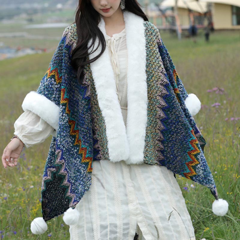Buddha Stones Tibetan Multicolored Wavy Lines Knitted Striped Shawl Coat Winter Cozy Travel Scarf Wrap - image 1