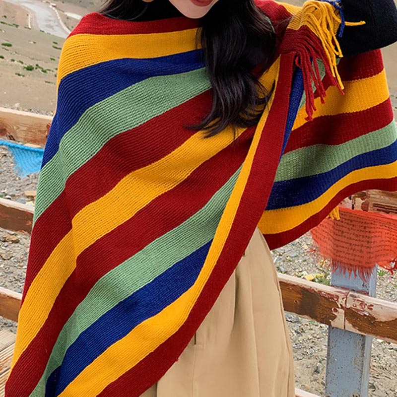 Buddha Stones Tibetan Colorful Striped Design Shawl Tassels Pullover Winter Cozy Travel Scarf Wrap - image 1