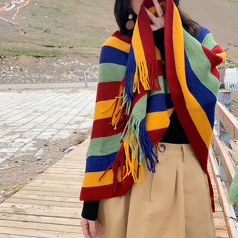 Buddha Stones Tibetan Colorful Striped Design Shawl Tassels Pullover Winter Cozy Travel Scarf Wrap - image 10