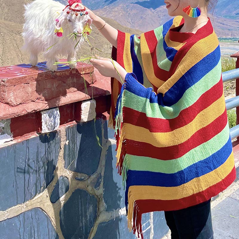 Buddha Stones Tibetan Colorful Striped Design Shawl Tassels Pullover Winter Cozy Travel Scarf Wrap - image 4