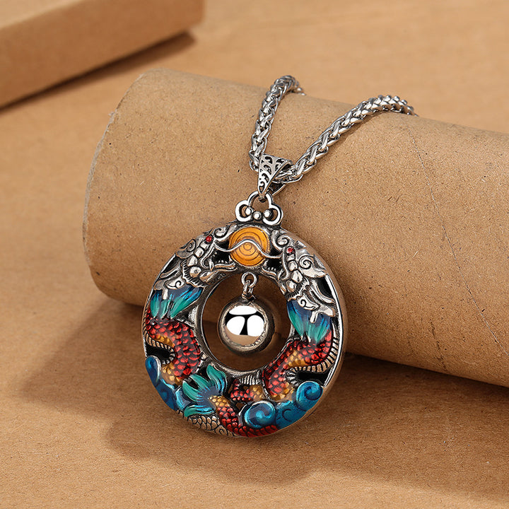 Buddha Stones Year of the Dragon Colorful Double Dragons Playing Bead Copper Protection Necklace Pendant - Dragon Pendant&Dragon Bone Chain - image 0