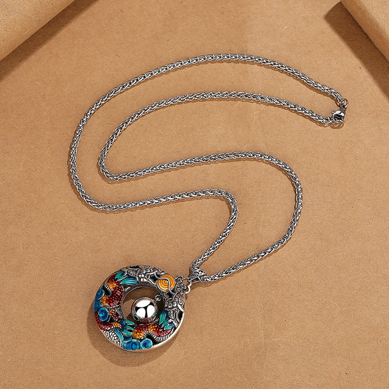 Buddha Stones Year of the Dragon Colorful Double Dragons Playing Bead Copper Protection Necklace Pendant - image 2