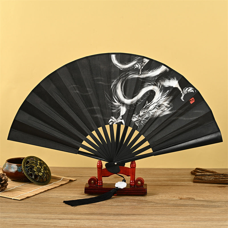Buddha Stones Dragon Phoenix Tiger Crane Eagle Wolf Koi Fish Handheld Folding Fan Lotus Tassel Fan - Dragon - image 0