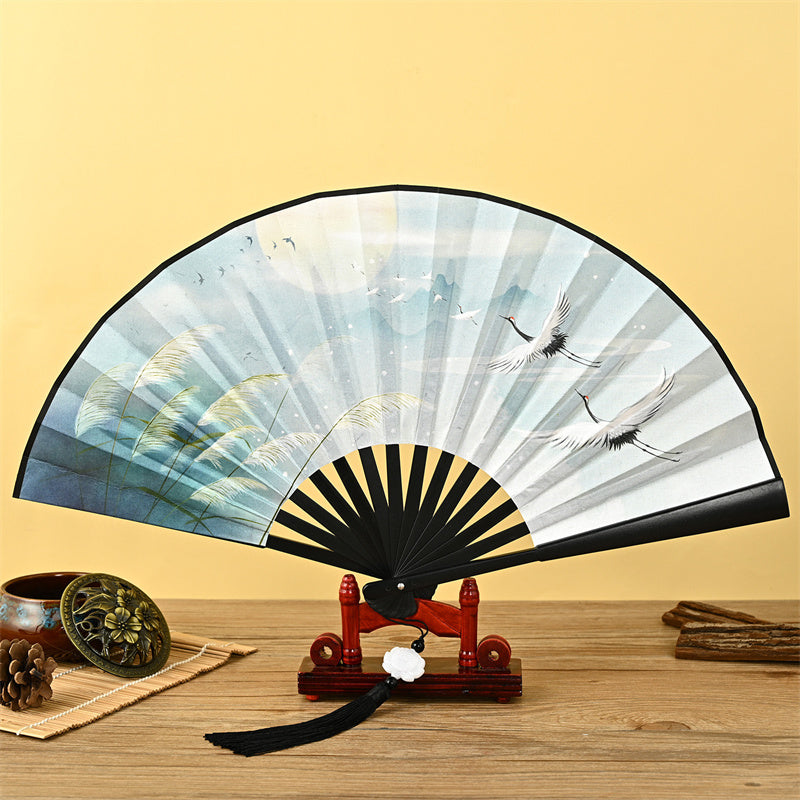 Buddha Stones Dragon Phoenix Tiger Crane Eagle Wolf Koi Fish Handheld Folding Fan Lotus Tassel Fan - Reed Crane - image 4