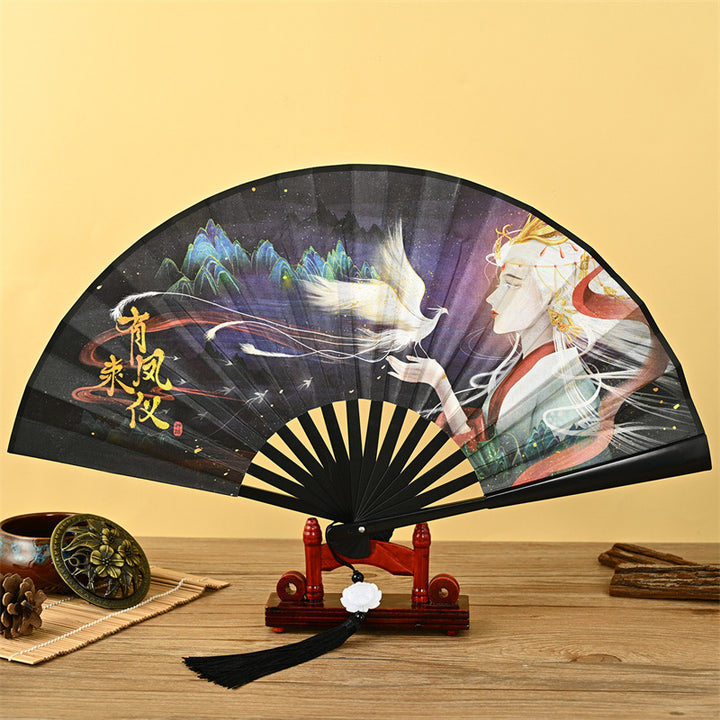 Buddha Stones Dragon Phoenix Tiger Crane Eagle Wolf Koi Fish Handheld Folding Fan Lotus Tassel Fan - Phoenix - image 3