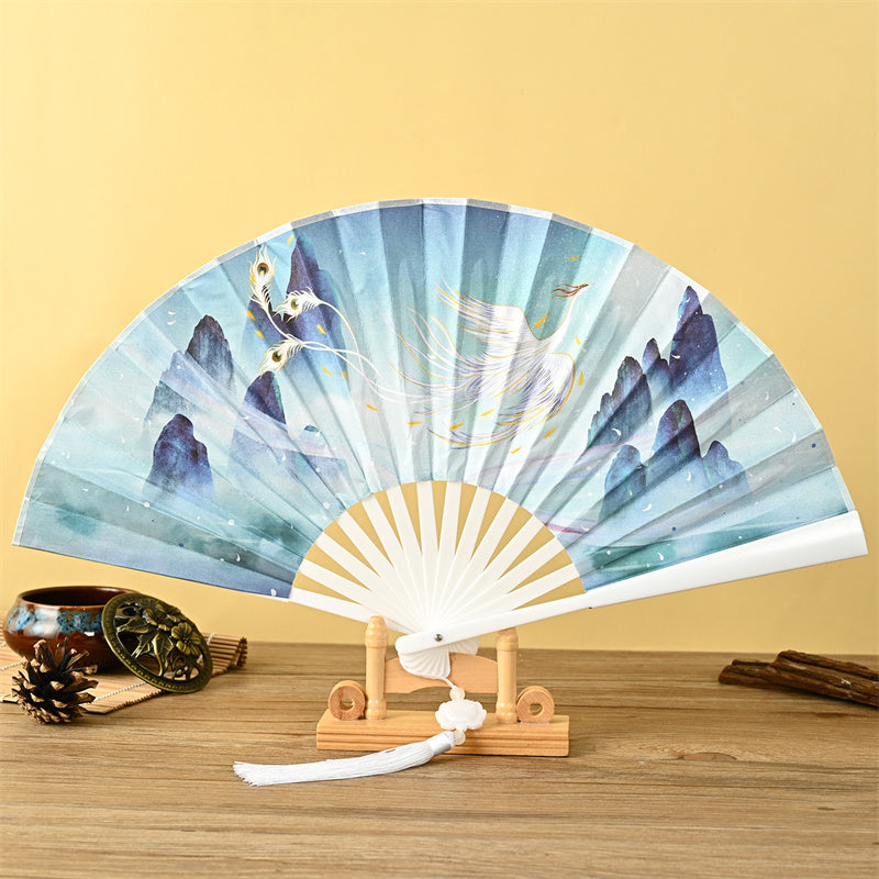 Buddha Stones Dragon Phoenix Tiger Crane Eagle Wolf Koi Fish Handheld Folding Fan Lotus Tassel Fan - Phoenix Mountain - image 5