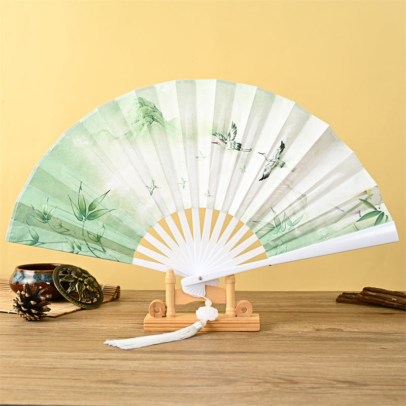 Buddha Stones Dragon Phoenix Tiger Crane Eagle Wolf Koi Fish Handheld Folding Fan Lotus Tassel Fan - Green Bamboo Crane - image 6