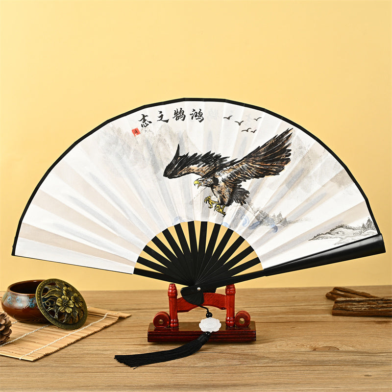 Buddha Stones Dragon Phoenix Tiger Crane Eagle Wolf Koi Fish Handheld Folding Fan Lotus Tassel Fan - Eagle - image 7