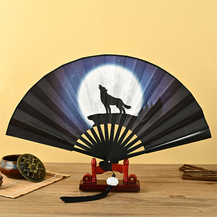 Buddha Stones Dragon Phoenix Tiger Crane Eagle Wolf Koi Fish Handheld Folding Fan Lotus Tassel Fan - Wolf - image 8