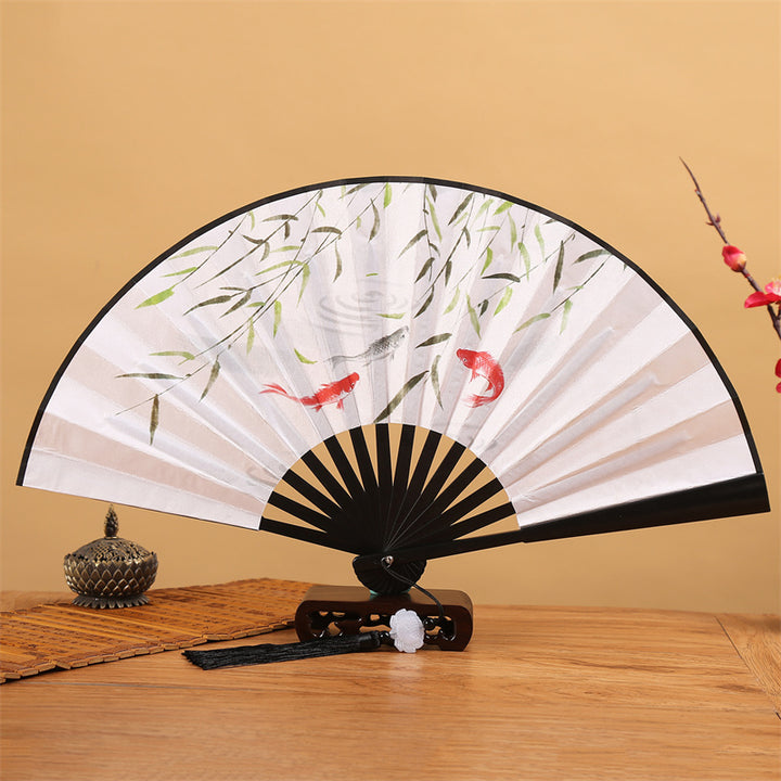 Buddha Stones Dragon Phoenix Tiger Crane Eagle Wolf Koi Fish Handheld Folding Fan Lotus Tassel Fan - Black Edge Koi Fish Willow Leaves - image 10