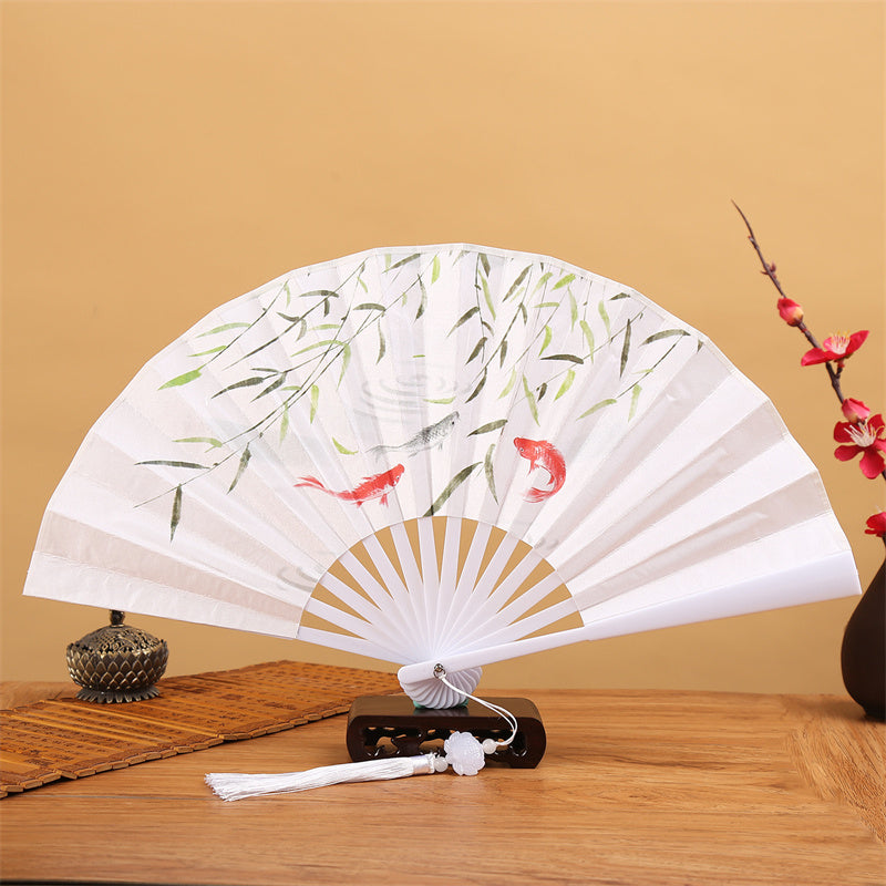 Buddha Stones Dragon Phoenix Tiger Crane Eagle Wolf Koi Fish Handheld Folding Fan Lotus Tassel Fan - White Koi Fish Willow Leaves - image 9