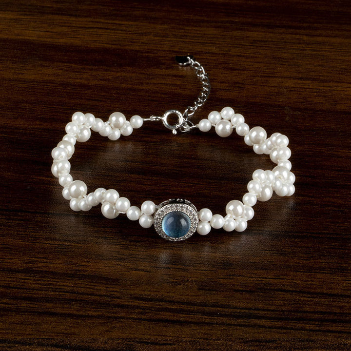 Buddha Stones 925 Sterling Silver Pearl Blue Chalcedony Healing Chain Bracelet Ring - 3-4mm Pearl Bracelet(Wrist Circumference 14-17cm) - image 3