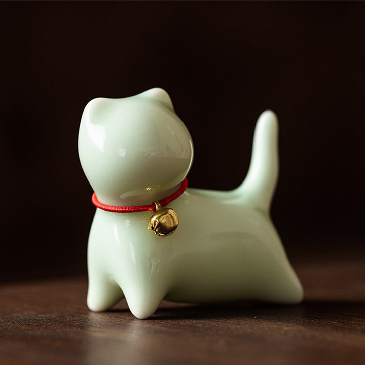 Buddha Stones Mini Small Cute Cat Tea Pet Ceramic Home Desk Figurine Decoration - Standing Cat 5*2.5*4.5cm - Green - image 2