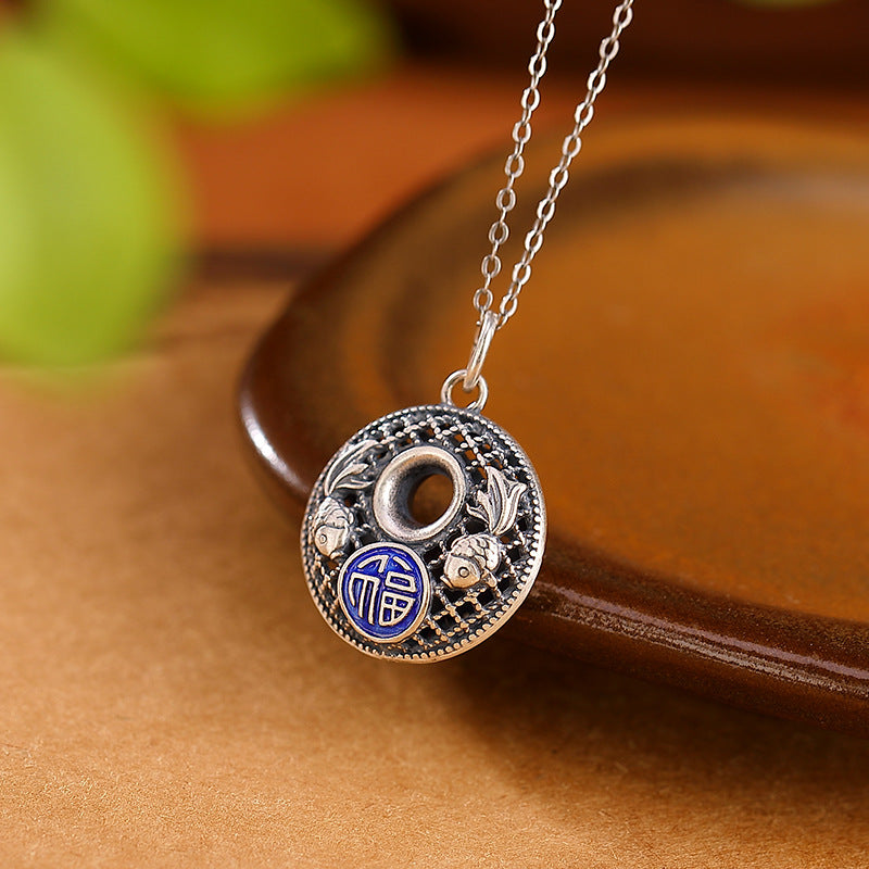 Buddha Stones 999 Sterling Silver Koi Fish Fu Character Lotus Peace Buckle Wealth Necklace Pendant - image 2