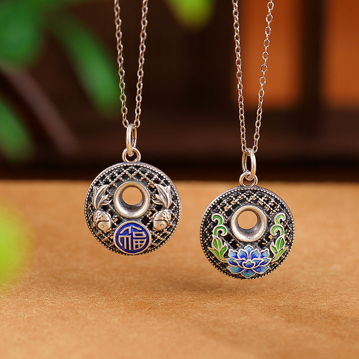 Buddha Stones 999 Sterling Silver Koi Fish Fu Character Lotus Peace Buckle Wealth Necklace Pendant - image 0