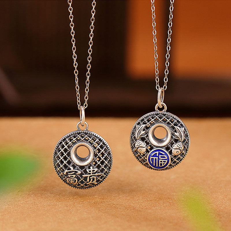 Buddha Stones 999 Sterling Silver Koi Fish Fu Character Lotus Peace Buckle Wealth Necklace Pendant - image 9