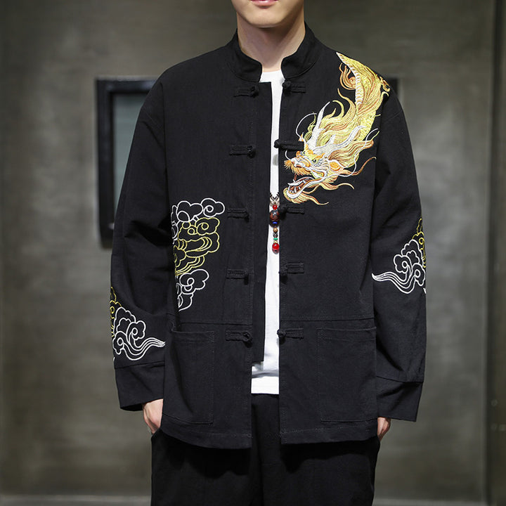 Buddha Stones Dragon Auspicious Cloud Embroidery Clothing Chinese Tang Suit Jacket Men Clothing - Black - US/UK/AU48，EU58(5XL) - image 0