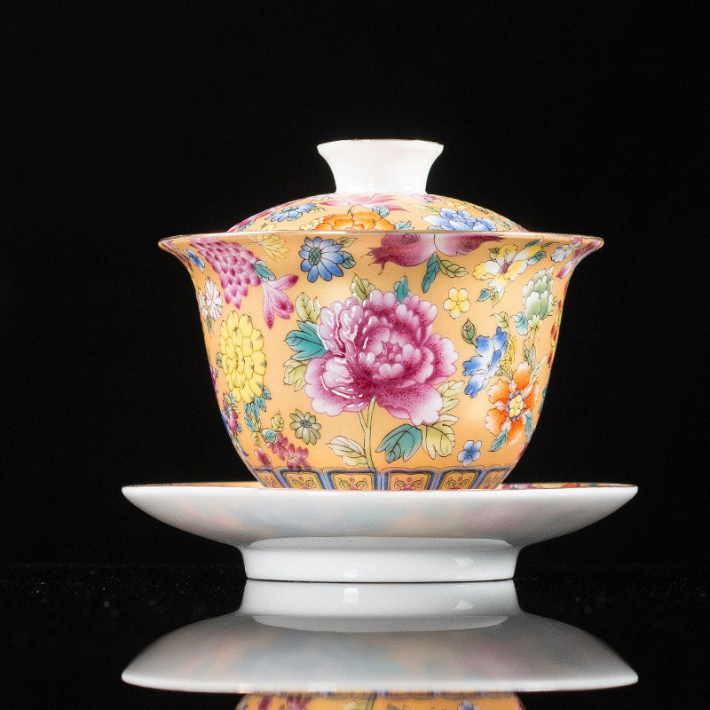 Buddha Stones Peony Flowers Ceramic Gaiwan Sancai Teacup Kung Fu Tea Cup And Saucer With Lid - image 2