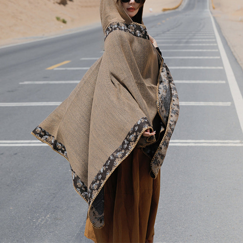 Buddha Stones Tibetan Shawl Border Small Floral Flower Hooded Cloak Winter Cozy Travel Scarf Wrap - Brown 150*130cm - image 35