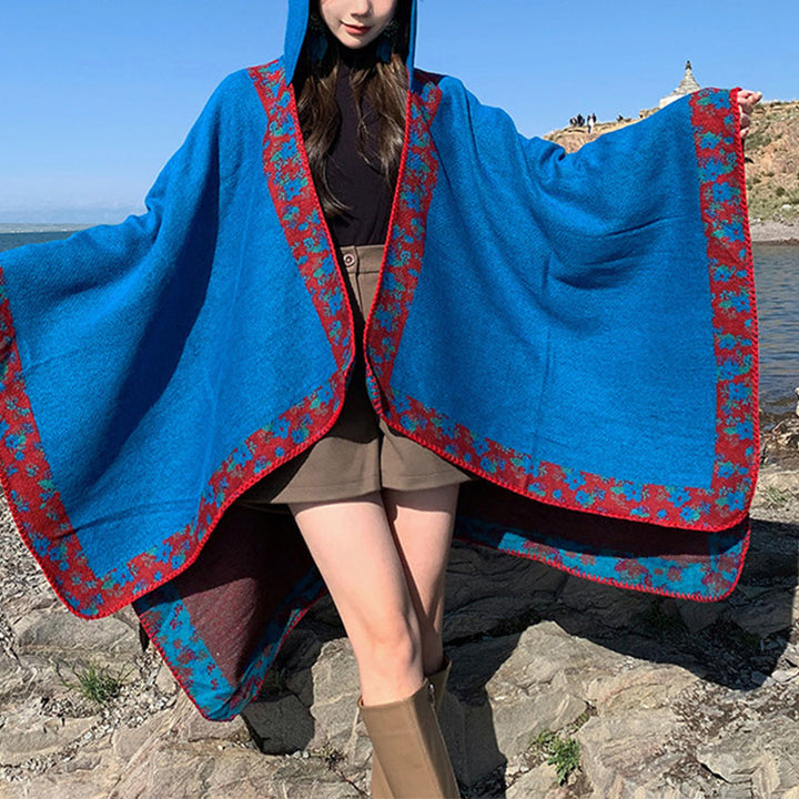 Buddha Stones Tibetan Shawl Border Small Floral Flower Hooded Cloak Winter Cozy Travel Scarf Wrap - Blue 150*130cm - image 13