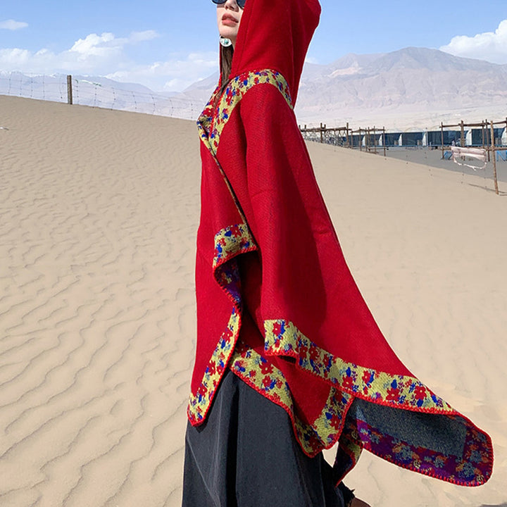 Buddha Stones Tibetan Shawl Border Small Floral Flower Hooded Cloak Winter Cozy Travel Scarf Wrap - Red 150*130cm - image 28