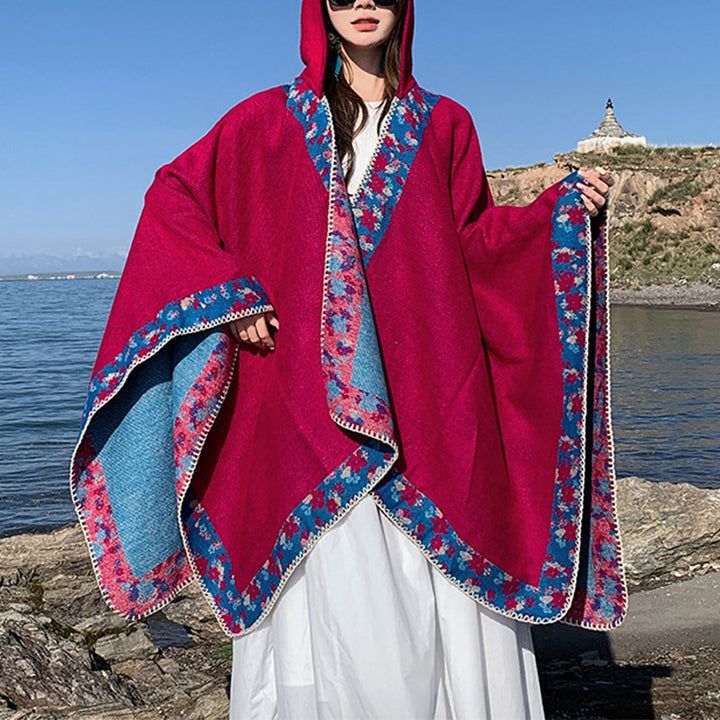 Buddha Stones Tibetan Shawl Border Small Floral Flower Hooded Cloak Winter Cozy Travel Scarf Wrap - Rose Red 150*130cm - image 20