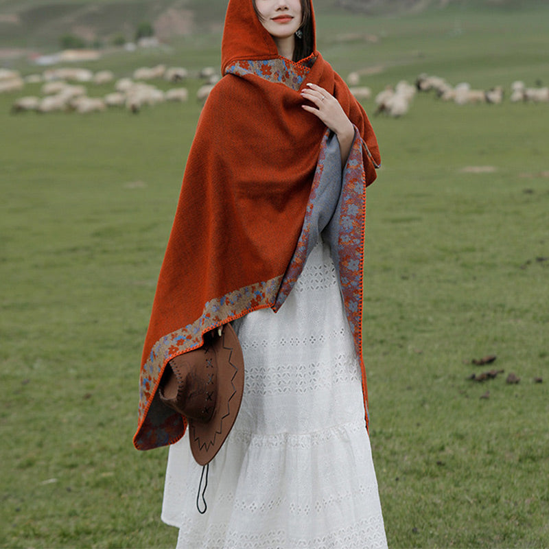 Buddha Stones Tibetan Shawl Border Small Floral Flower Hooded Cloak Winter Cozy Travel Scarf Wrap - Orange 150*130cm - image 0