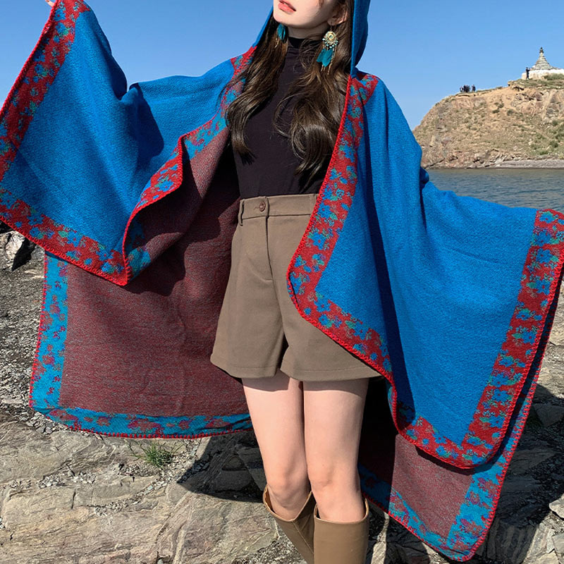 Buddha Stones Tibetan Shawl Border Small Floral Flower Hooded Cloak Winter Cozy Travel Scarf Wrap - image 14