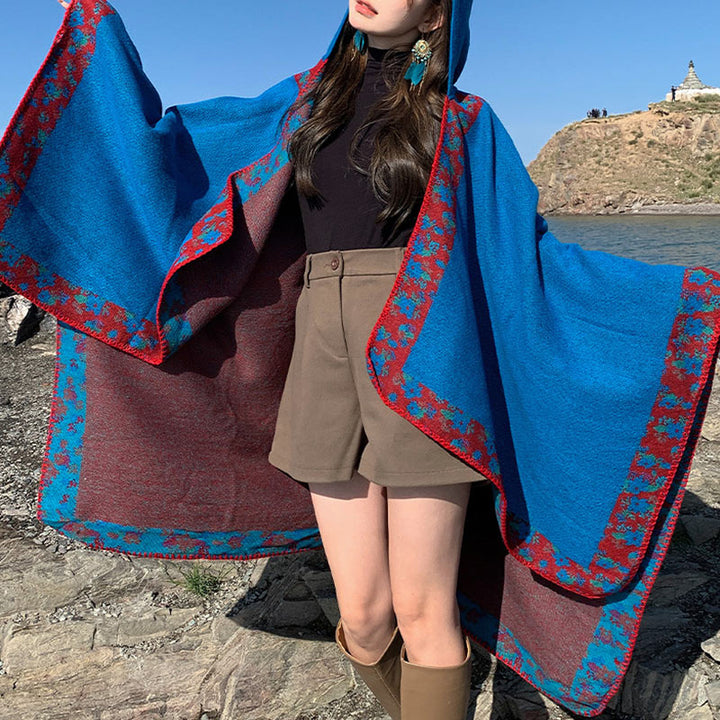 Buddha Stones Tibetan Shawl Border Small Floral Flower Hooded Cloak Winter Cozy Travel Scarf Wrap - image 14