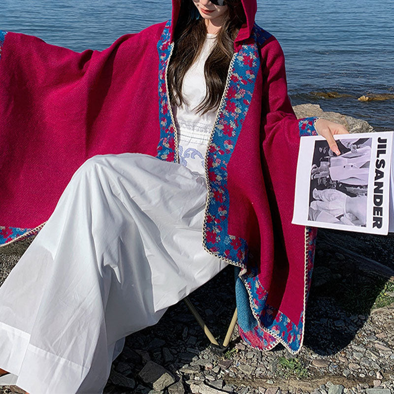 Buddha Stones Tibetan Shawl Border Small Floral Flower Hooded Cloak Winter Cozy Travel Scarf Wrap - image 26