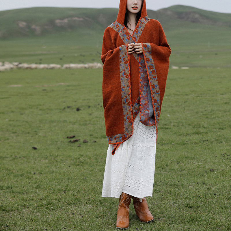 Buddha Stones Tibetan Shawl Border Small Floral Flower Hooded Cloak Winter Cozy Travel Scarf Wrap - image 9