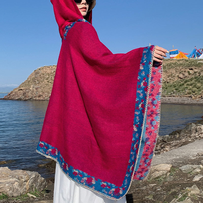 Buddha Stones Tibetan Shawl Border Small Floral Flower Hooded Cloak Winter Cozy Travel Scarf Wrap - image 22