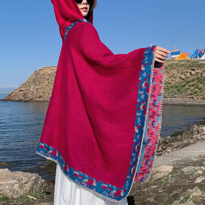 Buddha Stones Tibetan Shawl Border Small Floral Flower Hooded Cloak Winter Cozy Travel Scarf Wrap - image 22