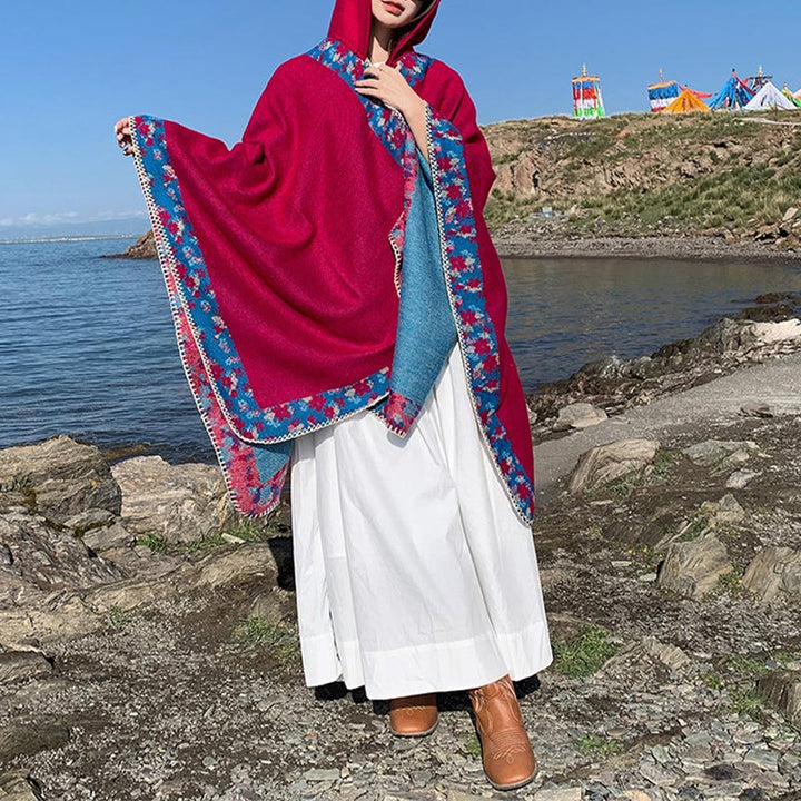 Buddha Stones Tibetan Shawl Border Small Floral Flower Hooded Cloak Winter Cozy Travel Scarf Wrap - image 23