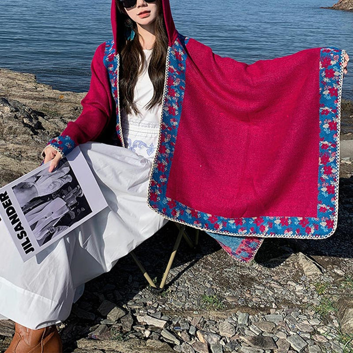 Buddha Stones Tibetan Shawl Border Small Floral Flower Hooded Cloak Winter Cozy Travel Scarf Wrap - image 24