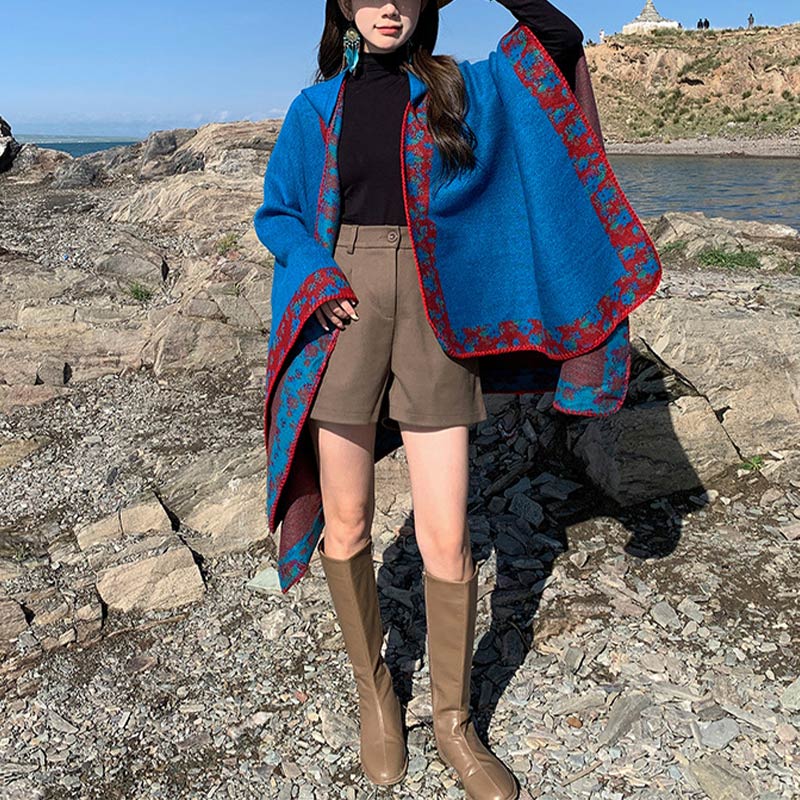 Buddha Stones Tibetan Shawl Border Small Floral Flower Hooded Cloak Winter Cozy Travel Scarf Wrap - image 16