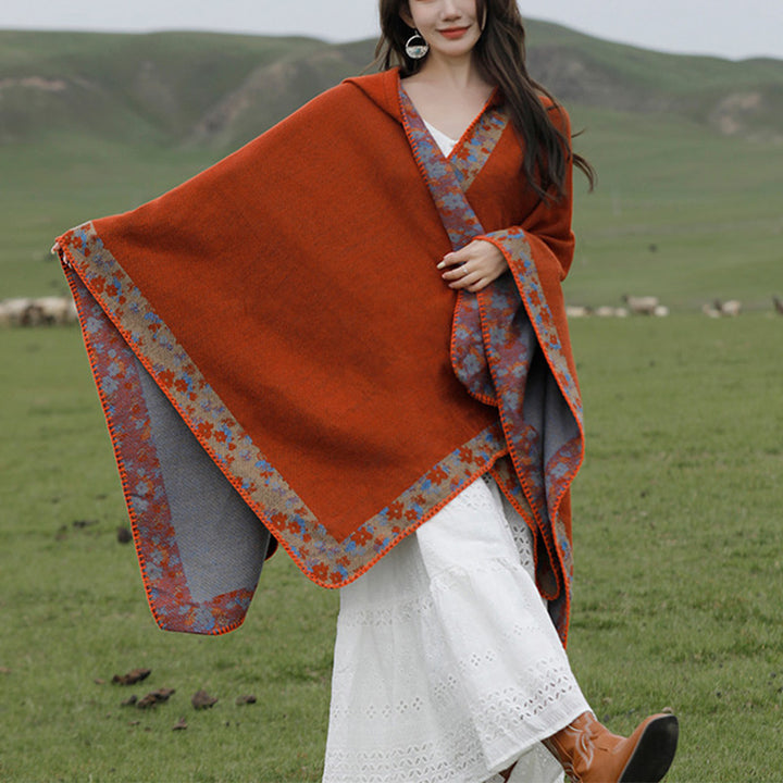 Buddha Stones Tibetan Shawl Border Small Floral Flower Hooded Cloak Winter Cozy Travel Scarf Wrap - image 4