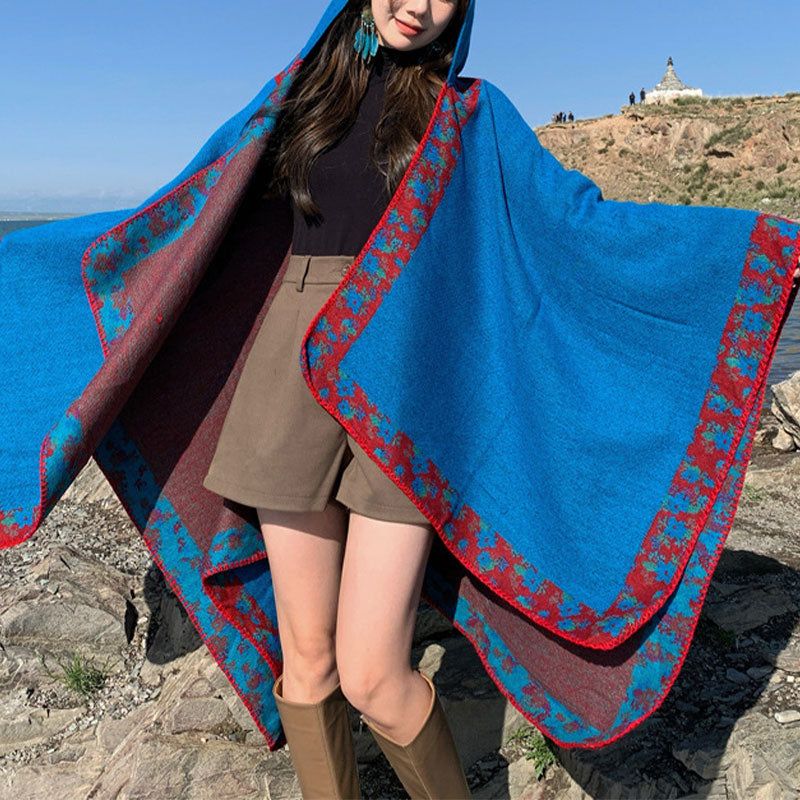 Buddha Stones Tibetan Shawl Border Small Floral Flower Hooded Cloak Winter Cozy Travel Scarf Wrap - image 17