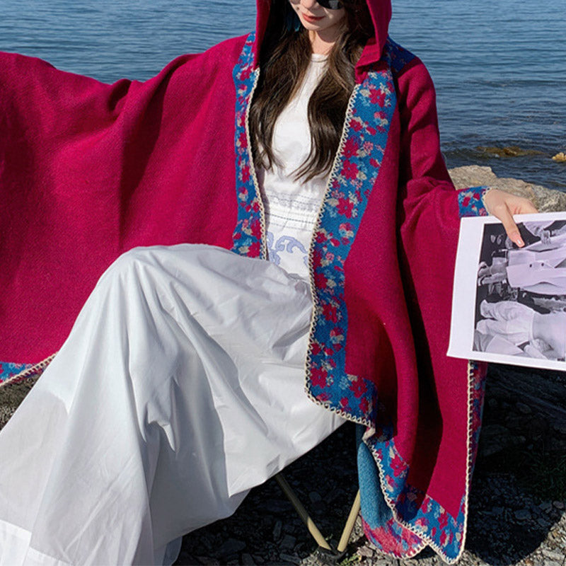 Buddha Stones Tibetan Shawl Border Small Floral Flower Hooded Cloak Winter Cozy Travel Scarf Wrap - image 25