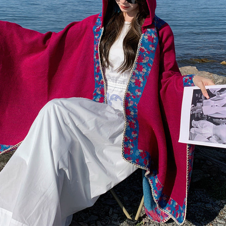 Buddha Stones Tibetan Shawl Border Small Floral Flower Hooded Cloak Winter Cozy Travel Scarf Wrap - image 25