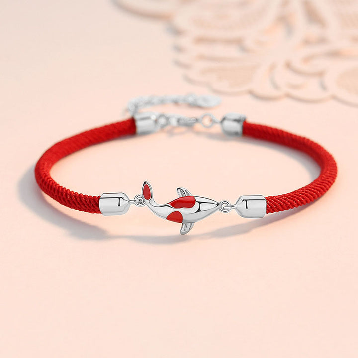 Buddha Stones Koi Fish Luck Wealth Braided Chain Couple Bracelet - Silver Koi Fish Red Bracelet(Wrist Circumference 14-18cm) - image 2