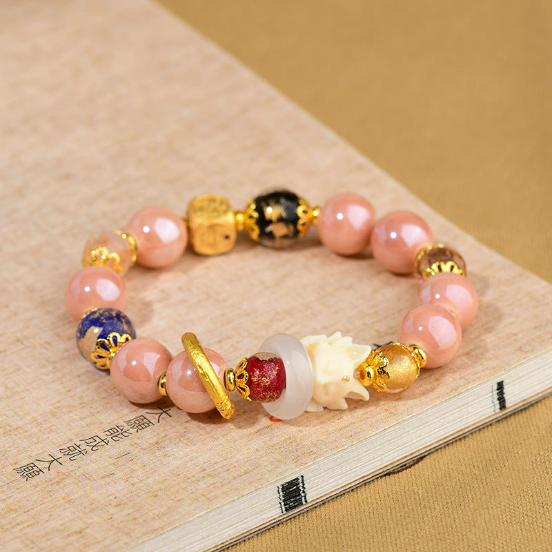 Buddha Stones Tibetan Incense Ash Liuli Glass Bead Luck Protection Nine Tailed Fox Bracelet - image 1